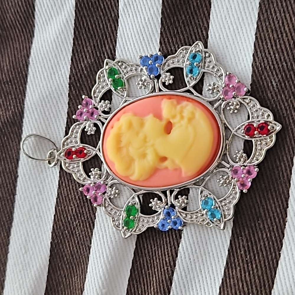 Large Sterling Silver Pink Cameo and Multi-Coloured Gems Pendant